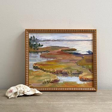 Vintage Coastal Oil Painting Marsh Scene Water Landscape 