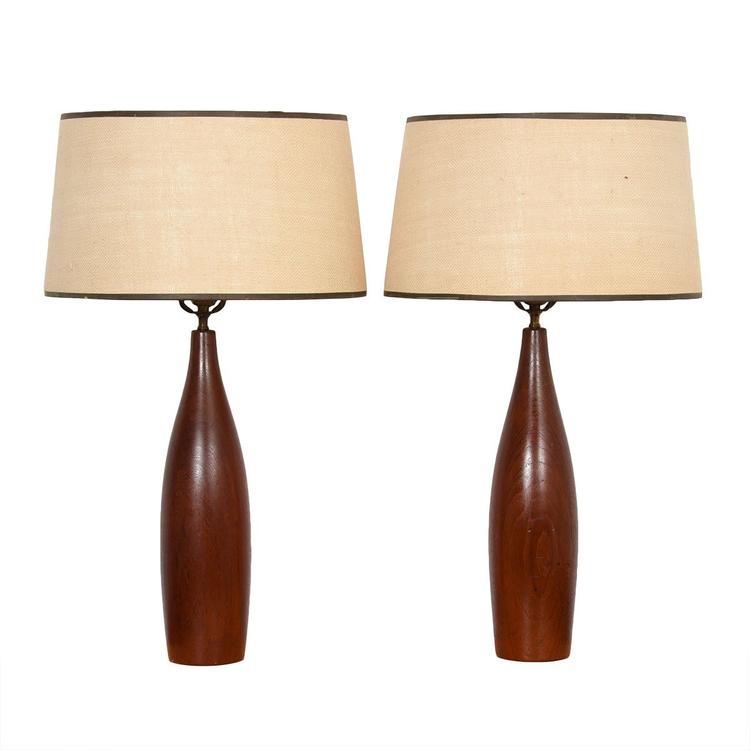 Pair of Teak Turned Table Lamps