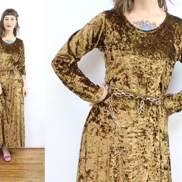 Vintage 90's Crushed Velvet Copper Dress / 1990's Long Sleeve Velvet Midi Dress / Women's Size Medium Large by Ru