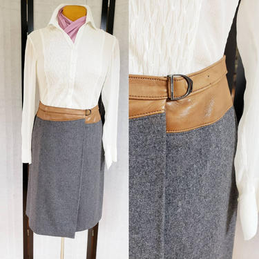 1980s Gray Wool Hermes Wrap Skirt Brown Leather Belt / 80s Designer Midi Skirt Mid Length Classic Skirt / Large 