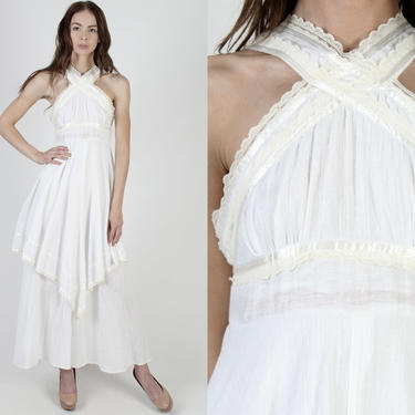 Gunne Sax Off White Gauze Dress / 70s Bohemian Tiered Apron Dress / Vintage Ivory Cotton Floral Lace Dress / 1970s Prairie Cream Maxi Dress 