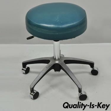 Vtg Industrial Medical Dental Adjustable Work Drifting Stool w/ Green Vinyl Seat