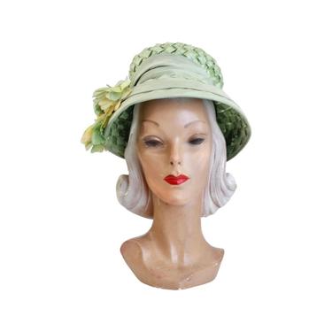 1960s Sea Foam Green Raffia Bucket Hat with Flowers - Vintage Green Hat - 60s Green Hat - Vintage Spring Hat - 60s Mod Hat - Flower Pot Hat 