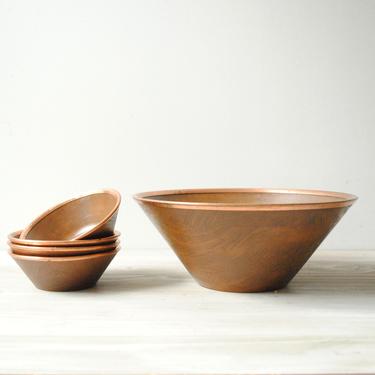 Vintage Faux Wood Bowl Set with Copper Rims, Salad Bowls, Plastic Bowls, Set of Bowls, Salad Bowls, Mid Century Modern Bowl Set 