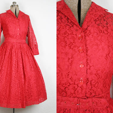 1950's Red Lace Party Dress / Size Large 