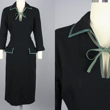 1940s Wool Crepe Dress with Pockets &amp; Tie Neckline | Vintage 40s Black Dress | small 