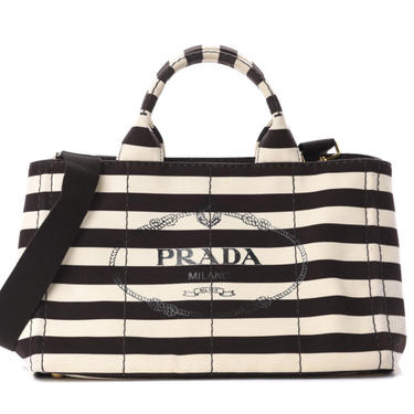 Vintage PRADA Milano XL Canvas Striped Handbag Tote Shoulder Satchel Purse Black / Beige Carry All with Strap 