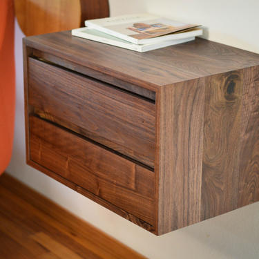 Double Drawer floating walnut table | Soft Close Dovetailed Drawers |  Non-Toxic | Minimal Waterfall Table 