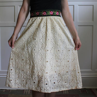 Vintage Joy Stevens California 60s 70s Off White Lace Floral Ribbon Knee Length Skirt Women's Size S M 