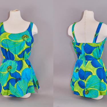 60s Skirted Bathing Suit by De Weese Blue Floral Print Swimsuit 