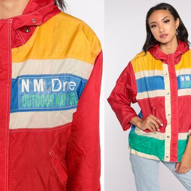 80s Windbreaker HOODED Jacket Hooded Windbreaker Jacket Striped Red Yellow Blue Hoodie Vintage 1980s Hood Medium 