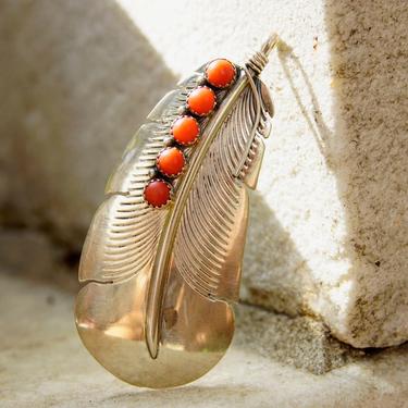 Vintage Signed E. Yazzie Native American Sterling Silver &amp; Coral Feather Pendant/Brooch, Large Hammered Silver Feather, Navajo Jewelry, 925 