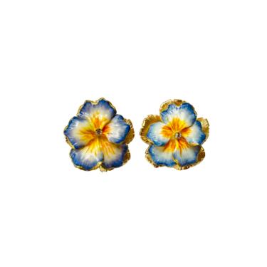The Pink Reef hand formed hand painted cornflower blue and yellow pansy stud