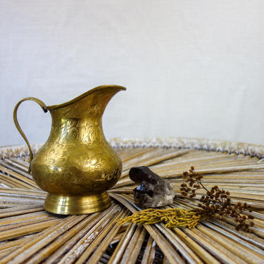 Vintage etched 5&amp;quot; brass pitcher, ewer, or vase with handle, Made in India small round jug for bohemian decor or altar offering 