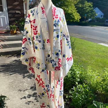 Kimono Vintage cotton floral print Japanese kimono Robe~ long structured white with colorful painterly botanical floral size Medium 