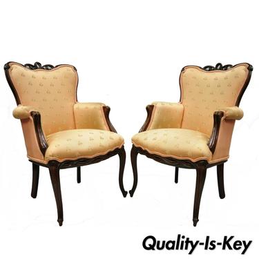 Pair French Hollywood Regency Victorian Upholstered Fireside Lounge Arm Chairs