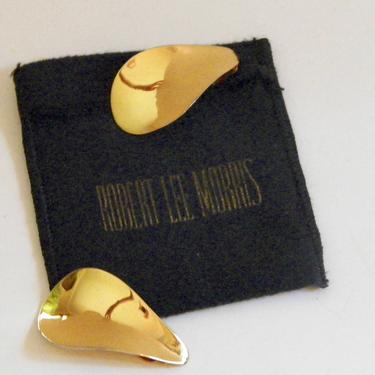 Vintage 1980s Robert Lee Morris Gold Petal Earrings Geometric Minimalist Jewelry Signed Original Soho with Pouch 
