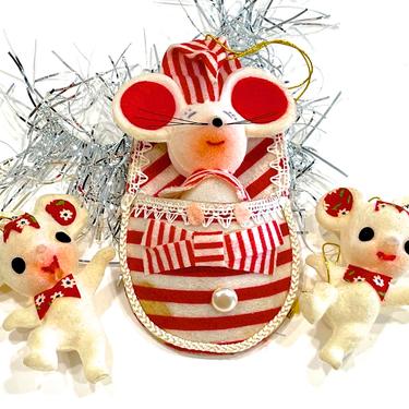 VINTAGE: 3pc - Japan Flocked Mouse Ornaments - Made in Japan - Christmas - Holidays - SKU 15-B1-00033614 