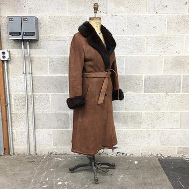 Vintage Coat Retro 1970s Penny Lane + Almost Famous + Suede + Faux Fur + Tie Front + Cold Weather + Women's Apparel + Made In Spain 