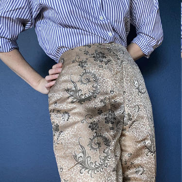vintage silk blend floral embroidered gold slacks size US 14 