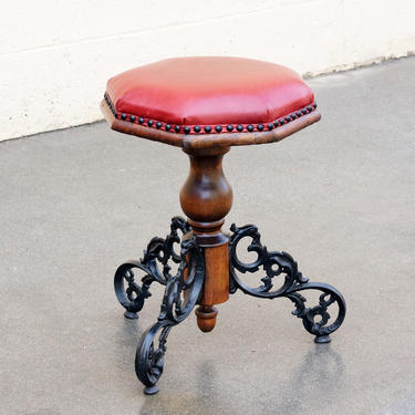 Antique Victorian Piano Stool, Cast Iron and Oak