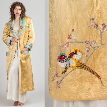 40s 50s Embroidered Quilted Robe - Small to Medium | Vintage Boho Yellow Blue Floral Dressing Gown 