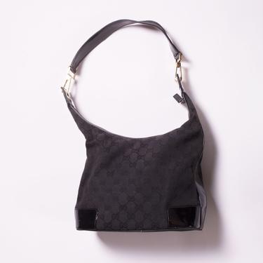 Vintage Gucci Y2K Monogram Canvas and Patent Leather Black Bag GG Web Hobo Shoulder Bag Silver 