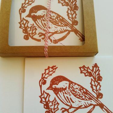 Greeting Cards, Hand Block Printed Card Set of Six, Bird Cards, Winter Holiday 
