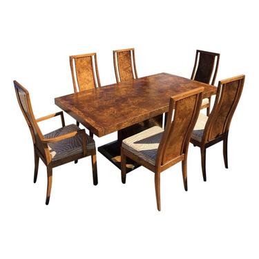Mid Century Modern Burlwood dining set Table, 2 leaves, and chairs 