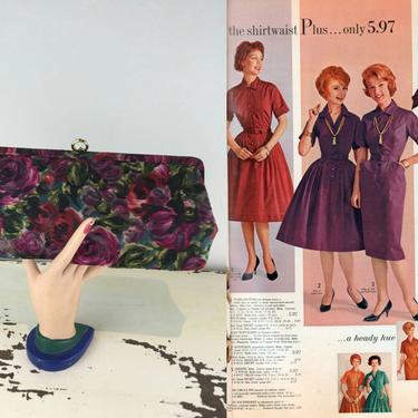 The Ever Matching Paulsson Twins - Vintage 1950s 1960s Magenta Fuchsia Floral Fabric Clutch Purse 