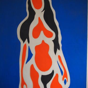 Vintage POP Art NUDE PAINTING Large Huge 40x50&amp;quot; Oil / Canvas, Female Woman Portrait Abstract Blue Orange Mid-Century Modern warhol eames era 