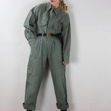 Vintage Military Suit / 70's Army Green Button Up Top & High Waisted Trousers M/L 