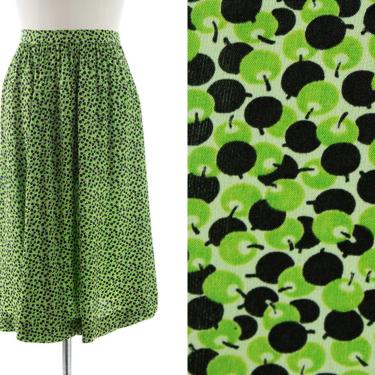 Vintage 1940s Skirt | 40s Olives Apples Food Novelty Print Rayon Green Black High Waisted Full Swing Skirt (small/medium) 