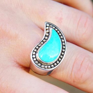 Vintage Sterling Silver Winged Turquoise Saddle Ring, Chunky Gemstone Ring With Silver Bead Embellishments, Thailand SX925, Size 8 1/2 US 