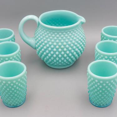 Fenton Hobnail Turquoise Milk Glass Water Set | Vintage Pitcher and Tumblers Mid Century Lemonade Set 
