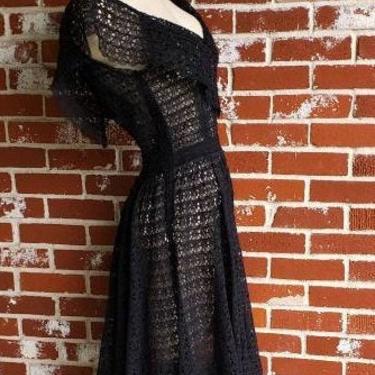 Vintage 40s STUNNING Black LACE Dress Plunging Front and Back M/L 
