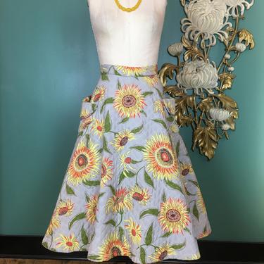 1950s circle skirt, quilted cotton, vintage 50s skirt, sunflower print, size small, full skirt with pockets, mrs maisel, rockabilly, novelty 