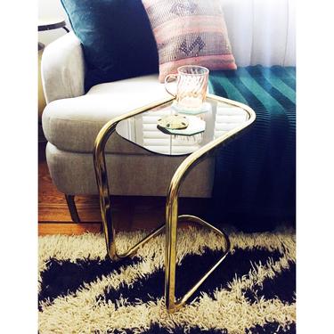 Vintage Brass Pill Shaped Cantilever Sofa Side Table 