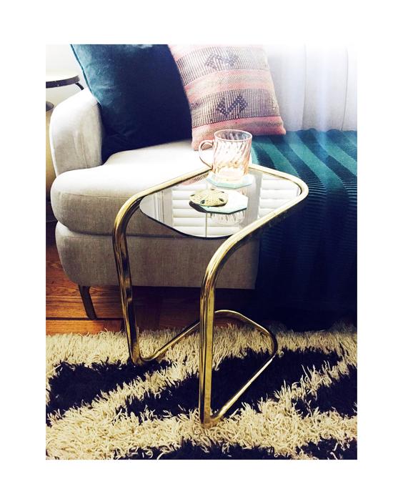 Vintage Brass Pill Shaped Cantilever Sofa Side Table By