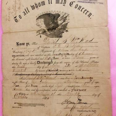 Civil War Discharge Paper Military Pension &amp; Other Documents 1865 Antique Montpelier Vermont, New York Ephemra 