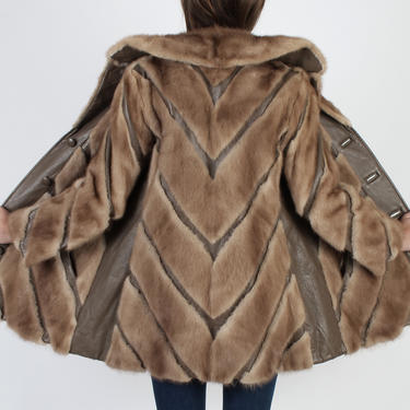 Autumn Haze Leather Mink Coat / Womens Chevron Min Real Fur Jacket / Vintage 70s Geometric Spy Trench Full Collar Jacket 