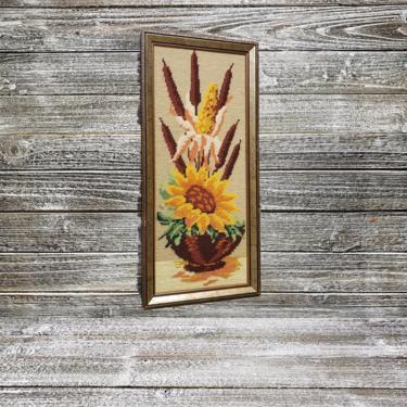 Vintage Sunflower Floral Needlepoint, Handmade Embroidered Flowers &amp; Cattails Wall Hanging, Retro 1970 Framed Boho Picture, Vintage Wall Art 