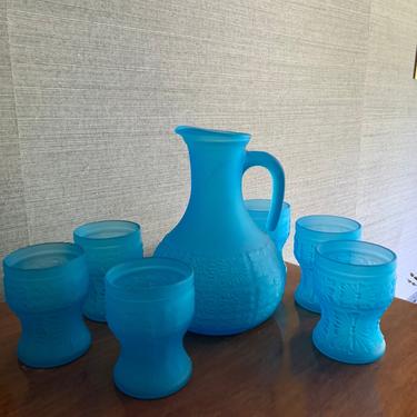 Pitcher and Glass Set,  juice pitcher and glasses, frosted pitcher and glasses, Blue Pitcher, drink pitcher, Blue Turquoise Glass 