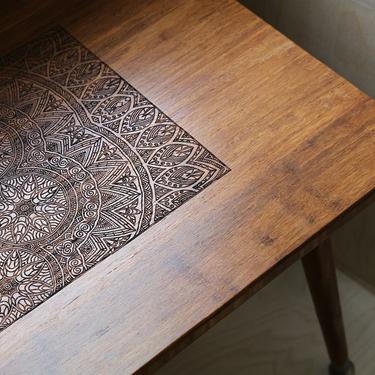 Engraved Walnut Coffee Table - Modern Wood Furniture Illustration BOHO Mid Century Eames Style 
