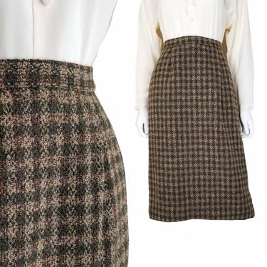 Vintage Pendleton Wool Skirt, Medium Tall / Olive Green Plaid Pencil Skirt / Boucle Office Midi Skirt / Wool Blend Straight Skirt 