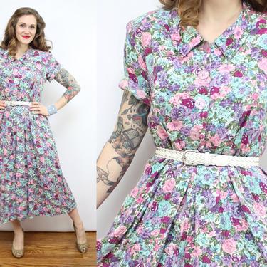 Vintage 80's Spring Floral Day Dress / 1950's Style 80's Spring Floral Dress / Peter Pan Collar / Women's Size Large XL by Ru