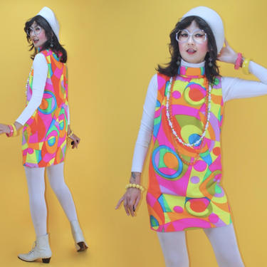 Vintage 1960s GROOVY Rainbow Color Super Psychedelic Abstract Mini Shift Dress /SZ S/ 60s Technicolor Abstract Swirly GoGo MOD Mad Man 