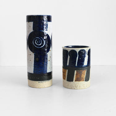 Inger Persson, Rorstrand Studio ceramic vases, blue, black and white.