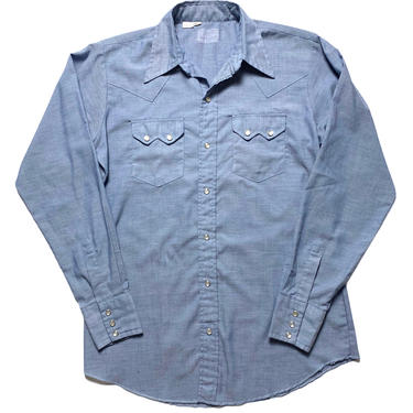Vintage 1960s/1970s Chambray Western Shirt ~ size M ~ Cowboy / Rockabilly / Ranch Wear ~ Sawtooth Pockets / Pearl Snap Buttons 