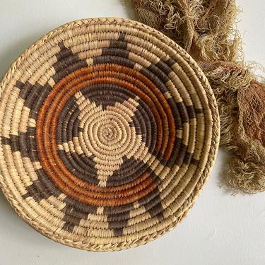 Hand Woven Raffia Coiled Basket, Tribal Ethnic Decor, Southwestern Decor, Brown Orange Star Design, 8-1/2&amp;quot; Diameter 